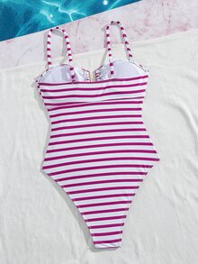 SHEIN Swim Women's New Striped U-Neck One-Piece Swimsuit - Hot Pink - View 7