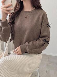DAZY Sweatshirt Wanita Longgar Leher Bulat dengan Hiasan Pita Warna Kontras untuk Musim Gugur/Dingin - Coklat - View 10