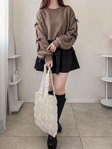DAZY Sweatshirt Wanita Longgar Leher Bulat dengan Hiasan Pita Warna Kontras untuk Musim Gugur/Dingin - Coklat - View 9