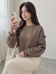 DAZY Sweatshirt Wanita Longgar Leher Bulat dengan Hiasan Pita Warna Kontras untuk Musim Gugur/Dingin - Coklat - View 5