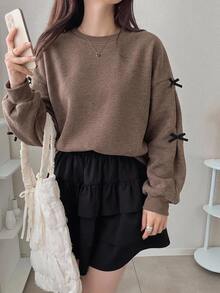 DAZY Sweatshirt Wanita Longgar Leher Bulat dengan Hiasan Pita Warna Kontras untuk Musim Gugur/Dingin - Coklat - View 3