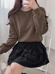 DAZY Sweatshirt Wanita Longgar Leher Bulat dengan Hiasan Pita Warna Kontras untuk Musim Gugur/Dingin - Coklat - View 8