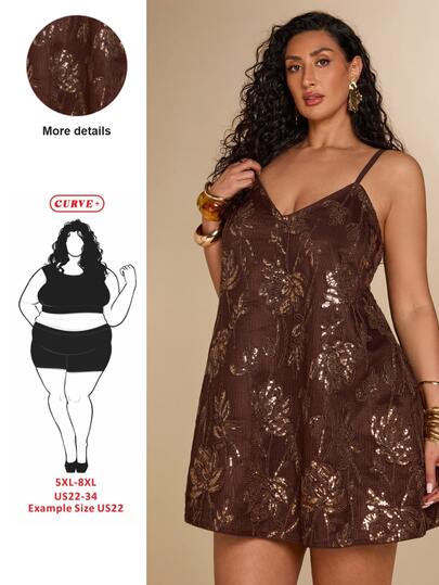 SHEIN CURVE+ Plus Size 22W Autumn/Winter New Brown Sequin Mini Slip Dress, Suitable For Holiday Parties, Halloween, Christmas