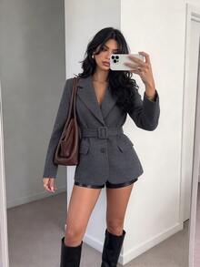 SHEIN Unity Women's Solid Color Casual Versatile Commute Travel Blazer - Grey - View 4