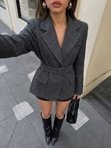 SHEIN Unity Women's Solid Color Casual Versatile Commute Travel Blazer - Grey - View 1