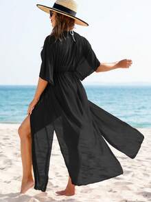SHEIN Swim Summer Beach Women's Solid Color Sheer Mesh Tie Waist Kimono - Black - View 3