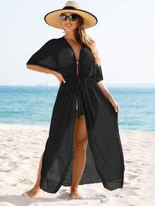 SHEIN Swim Summer Beach Women's Solid Color Sheer Mesh Tie Waist Kimono - Black - View 6