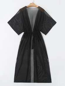 SHEIN Swim Summer Beach Women's Solid Color Sheer Mesh Tie Waist Kimono - Black - View 8