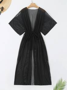 SHEIN Swim Summer Beach Women's Solid Color Sheer Mesh Tie Waist Kimono - Black - View 7