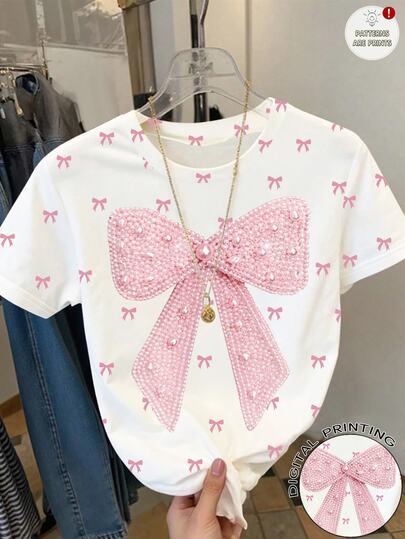 [Printed Design] 1pc Young Girls Sweet Bow Print Short Sleeve Round Neck T-Shirt, Casual Versatile Children's Top Suitable For Summer Outings