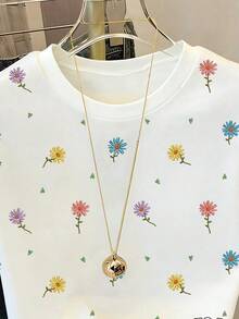 SHEIN [Printed Design] Tween Girls' Casual Fresh Daisy Ditsy Floral Short Sleeve Round Neck T-Shirt, White Summer Tops For Daily Wear - Multicolor - View 7