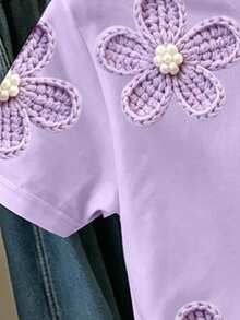 SHEIN [Printed Design] 1pc Tween Girls Soft Korean Style Crochet Purple Floral Print Short Sleeve T-Shirt, Casual Versatile Top For Daily Wear And Commuting In Summer - Multicolor - View 6