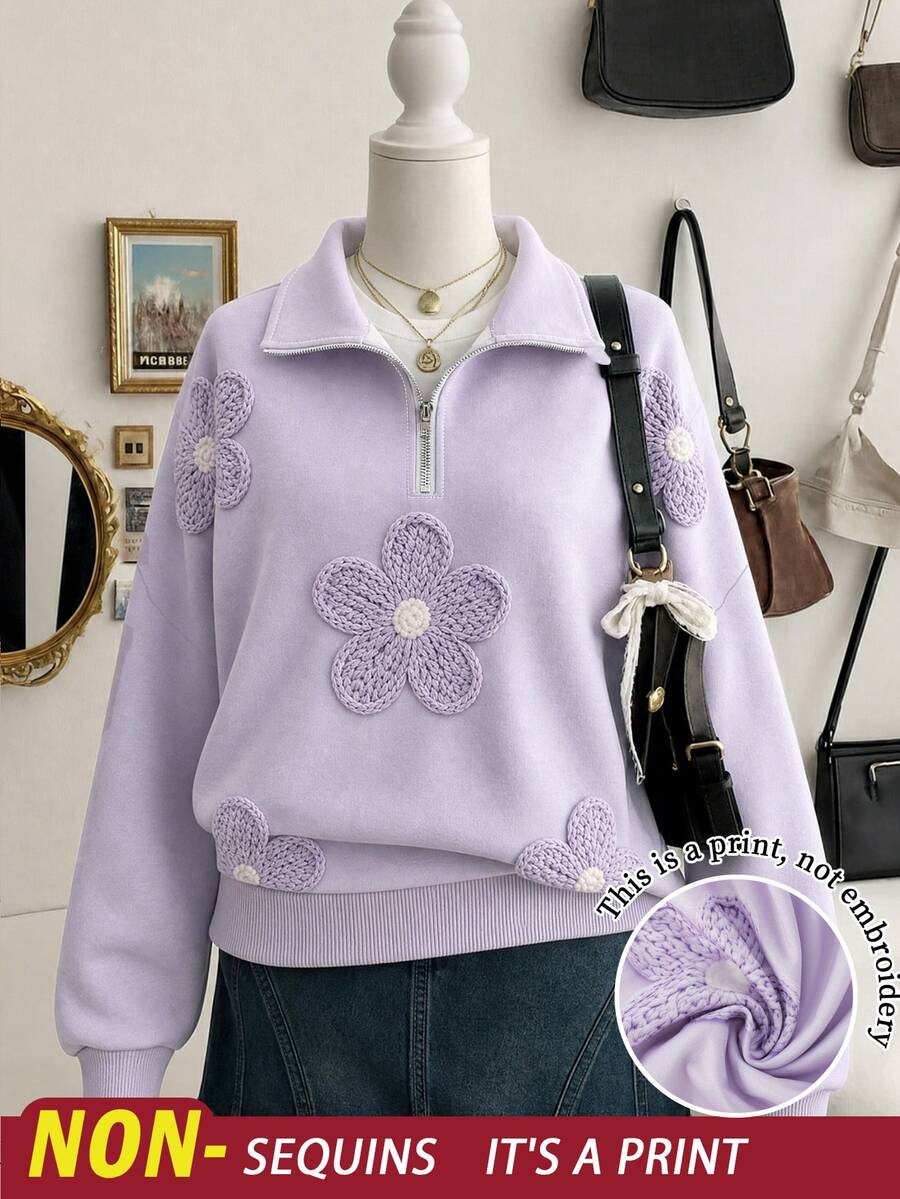 [Printed Design] Teen Girls Casual School Fashion Purple Basic Zipper Sweatshirt, Cute Knit Minimalist Loose Top, Autumn Graduation Prom - Multicolor - View 1