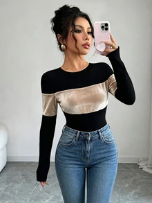 Elenzga 休閒時尚拼接設計 2025 春秋新款女款連身衣 高級圓領 標準肩寬 修身顯身材 百搭長袖 日常穿著 可內搭可外穿 - 彩色 - 查看 7
