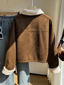 Comfortcana Women's Plus Size Zip-Up Long Sleeve Contrast Color Pocket Jacket Winter - Brown - View 2