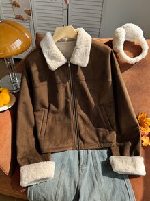 Comfortcana Women's Plus Size Zip-Up Long Sleeve Contrast Color Pocket Jacket Winter - Brown - View 6