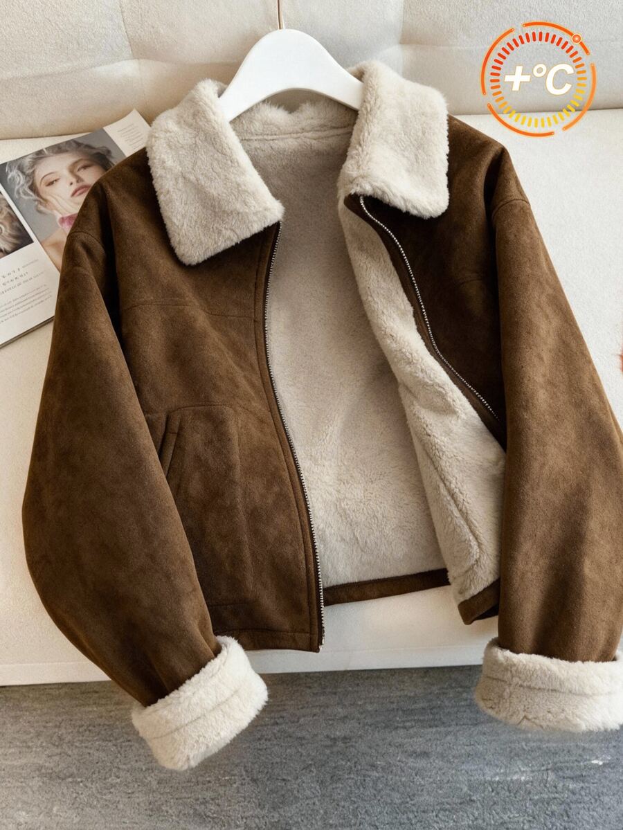 Comfortcana Women's Plus Size Zip-Up Long Sleeve Contrast Color Pocket Jacket Winter - Brown - View 1