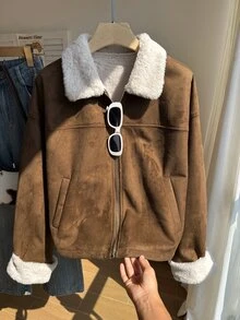 Comfortcana Women's Plus Size Zip-Up Long Sleeve Contrast Color Pocket Jacket Winter - Brown - View 3