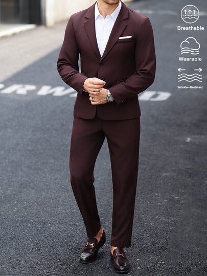 Manfinity Mode Men's Brown Fashionable Notch Lapel Business Slim Fit Casual Commute Suit Set