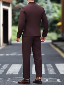 Manfinity Mode 男士棕色時尚缺口領商務修身休閒通勤西裝套裝 - 棕色 - 查看 2