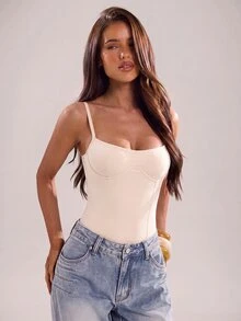 SHEIN BAE 女款素色杏色休閒掛脖露背性感實用細肩帶裝飾罩杯連身內衣（含墊片），適合休閒通勤、日常穿著、通勤穿著，杏色連身內衣，返校季穿著 - 杏色 - 查看 7