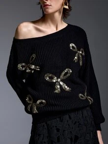 INAWLY Solva Rhinestone Bow Off-Shoulder Sweater Women Loose Off-Shoulder Long Sleeve Knit Top Autumn/Winter - Black - View 2