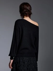 INAWLY Solva Rhinestone Bow Off-Shoulder Sweater Women Loose Off-Shoulder Long Sleeve Knit Top Autumn/Winter - Black - View 4