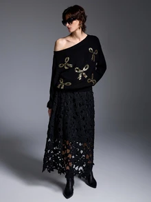 INAWLY Solva Rhinestone Bow Off-Shoulder Sweater Women Loose Off-Shoulder Long Sleeve Knit Top Autumn/Winter - Black - View 6