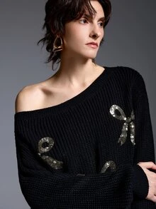 INAWLY Solva Rhinestone Bow Off-Shoulder Sweater Women Loose Off-Shoulder Long Sleeve Knit Top Autumn/Winter - Black - View 7