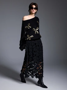 INAWLY Solva Rhinestone Bow Off-Shoulder Sweater Women Loose Off-Shoulder Long Sleeve Knit Top Autumn/Winter - Black - View 5