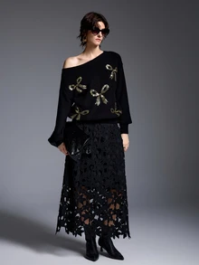 INAWLY Solva Rhinestone Bow Off-Shoulder Sweater Women Loose Off-Shoulder Long Sleeve Knit Top Autumn/Winter - Black - View 3