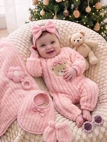 SHEIN Newborn Baby Cartoon Bear Design Plush Autumn Winter Romper - Pink - View 3