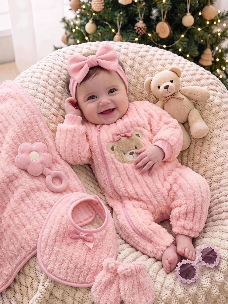 SHEIN Newborn Baby Cartoon Bear Design Plush Autumn Winter Romper - Pink - View 3