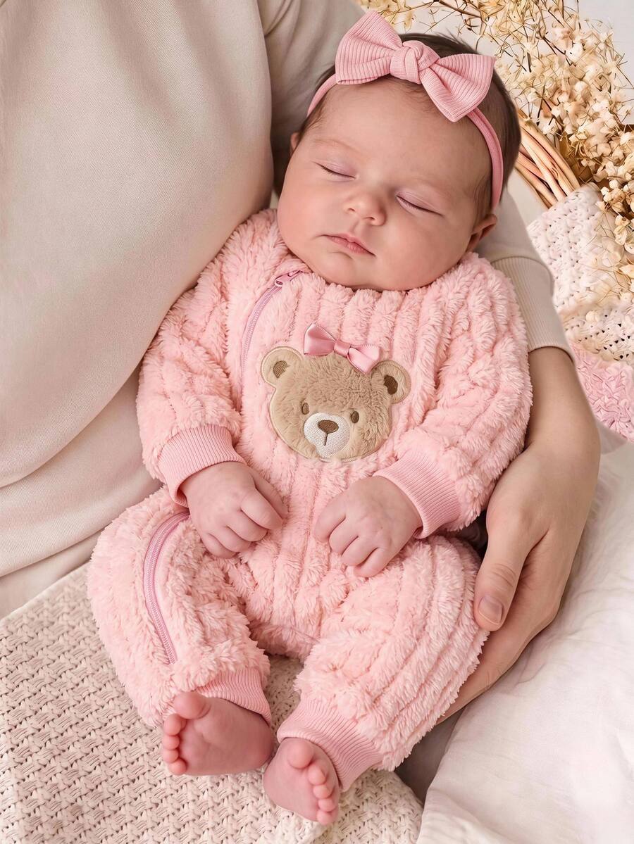 SHEIN Newborn Baby Cartoon Bear Design Plush Autumn Winter Romper - Pink - View 1