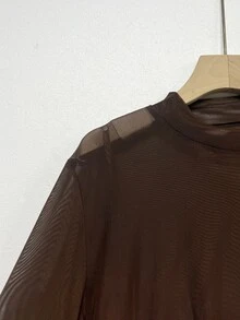 GlowEve CURVE Elegant Women's Brown 2 Pieces Set, Semi-Sheer Mesh High Neck Bell Sleeve Cover-Up + Solid Color Spaghetti Strap Dress Fall - Brown - View 6