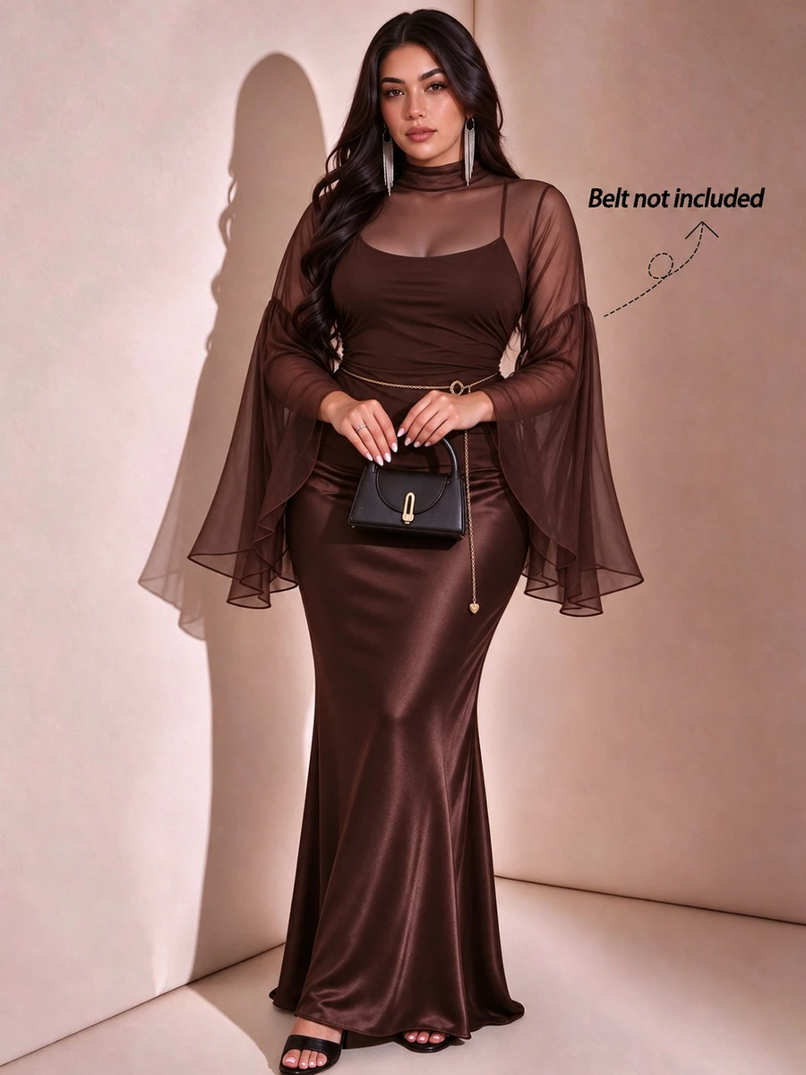 GlowEve CURVE Elegant Women's Brown 2 Pieces Set, Semi-Sheer Mesh High Neck Bell Sleeve Cover-Up + Solid Color Spaghetti Strap Dress Fall - Brown - View 1