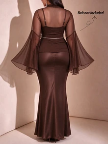 GlowEve CURVE Elegant Women's Brown 2 Pieces Set, Semi-Sheer Mesh High Neck Bell Sleeve Cover-Up + Solid Color Spaghetti Strap Dress Fall - Brown - View 2