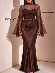 GlowEve CURVE Elegant Women's Brown 2 Pieces Set, Semi-Sheer Mesh High Neck Bell Sleeve Cover-Up + Solid Color Spaghetti Strap Dress Fall - Brown - View 3