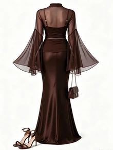 GlowEve CURVE Elegant Women's Brown 2 Pieces Set, Semi-Sheer Mesh High Neck Bell Sleeve Cover-Up + Solid Color Spaghetti Strap Dress Fall - Brown - View 5
