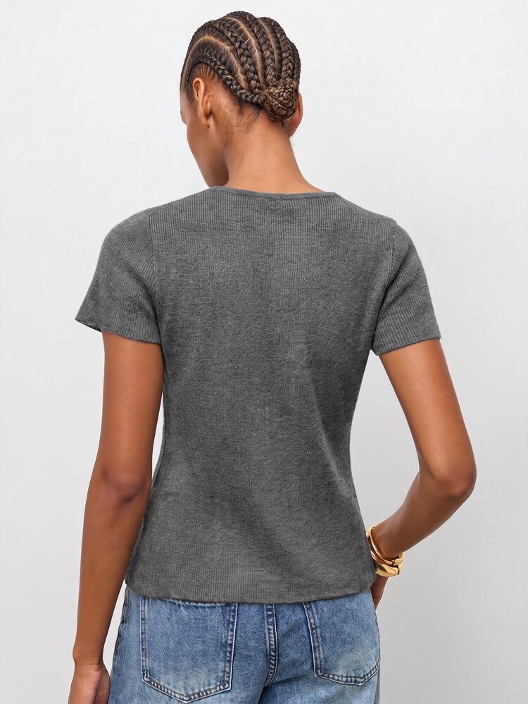 Maija Women's Light Yellow Round Neck Short Sleeve Front Half-Circle Metal Button Knit Top, Vintage Old Money Teacher Style, Romantic Fashion Versatile Summer Party Blouse, Beach Vacation, Outing, Graduation Ceremony, Elegant Casual Shirt, Formal Office Workwear - Dark Grey - View 3
