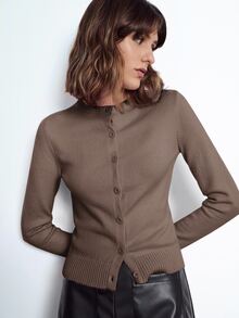 Maija Women's Elegant Casual Solid Brown Round Neck Button Front Long Sleeve Minimalist Versatile Sweater Top, Office Business Autumn - Coffee Brown - View 4