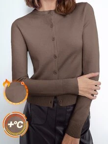 Maija Women's Elegant Casual Solid Brown Round Neck Button Front Long Sleeve Minimalist Versatile Sweater Top, Office Business Autumn - Coffee Brown - View 1