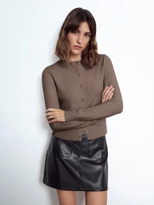 Maija Women's Elegant Casual Solid Brown Round Neck Button Front Long Sleeve Minimalist Versatile Sweater Top, Office Business Autumn - Coffee Brown - View 6