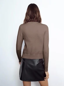 Maija Women's Elegant Casual Solid Brown Round Neck Button Front Long Sleeve Minimalist Versatile Sweater Top, Office Business Autumn - Coffee Brown - View 5