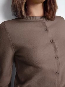 Maija Women's Elegant Casual Solid Brown Round Neck Button Front Long Sleeve Minimalist Versatile Sweater Top, Office Business Autumn - Coffee Brown - View 8
