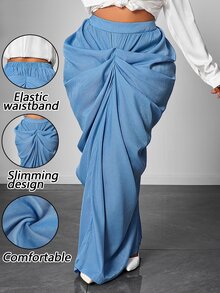 Maweii Plus Size Women's Solid Color Pleated Casual Elegant Versatile Everyday Skirt Fall Brunch Party Vacation Dusty Blue - Baby Blue - View 1
