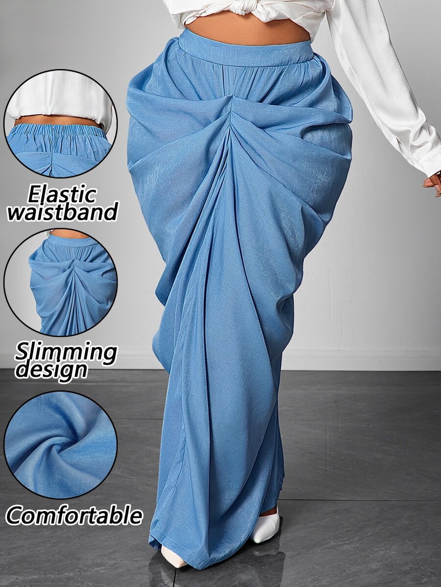 Maweii Plus Size Women's Solid Color Pleated Casual Elegant Versatile Everyday Skirt Fall Brunch Party Vacation Dusty Blue - Baby Blue - View 1