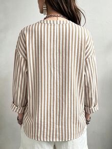 SHEIN LUNE Women's Woven Striped Casual Autumn Blouse - Khaki - View 2