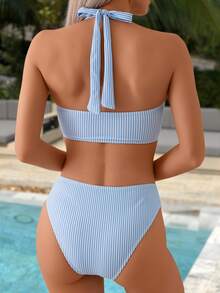 SHEIN Swim 2pcs/Set Women Summer Springbreak Striped Random Print Cross Backstring Bikini Top And Splice Swimwear Bottoms - Blue and White - View 3