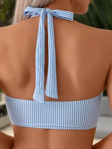 SHEIN Swim 2pcs/Set Women Summer Springbreak Striped Random Print Cross Backstring Bikini Top And Splice Swimwear Bottoms - Blue and White - View 6